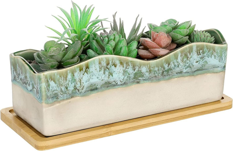Beige and Green Glazed Ceramic Succulent Planter w/ Bamboo Tray