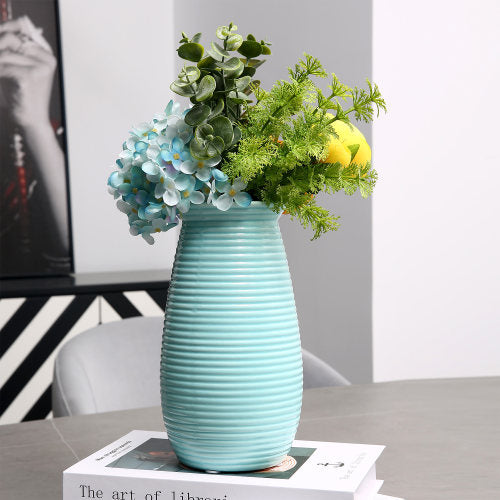 Modern Sky Blue Ribbed Ceramic Flower Vase