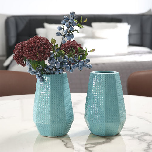 Sky Blue Ceramic Flower Vase w/ Dimpled Design, Set of 2