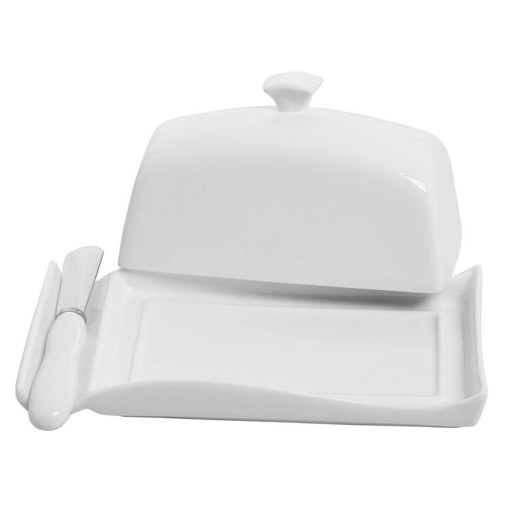 Decorative White Ceramic Lidded Butter Dish & Knife Spreader Set - MyGift Enterprise LLC