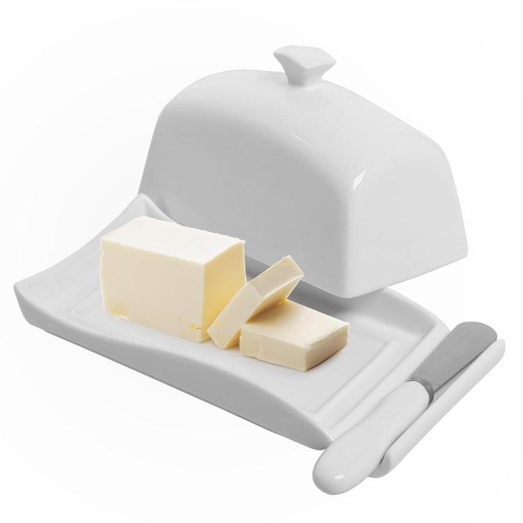 Decorative White Ceramic Lidded Butter Dish & Knife Spreader Set