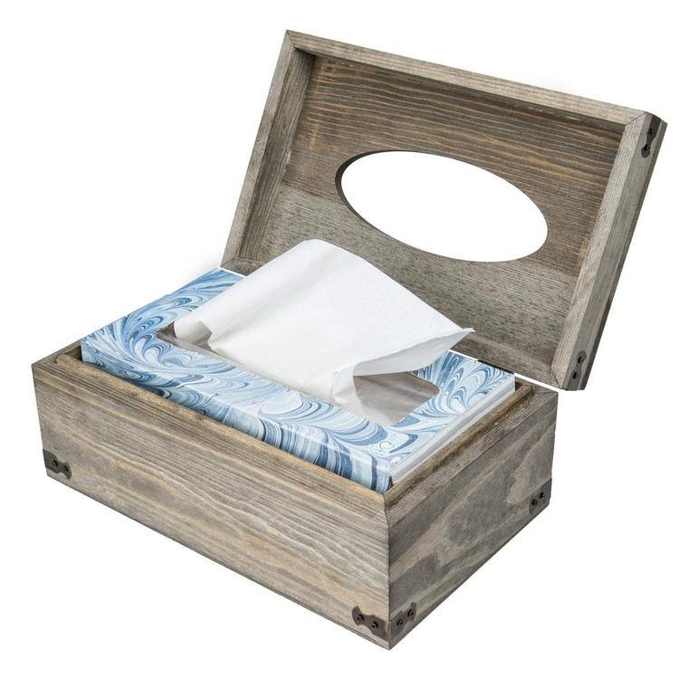 Distressed Wood Tissue Box Holder with Hinged Lid - MyGift