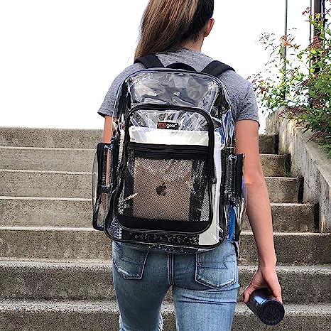 School Backpack girl walking to class with clear backpack 