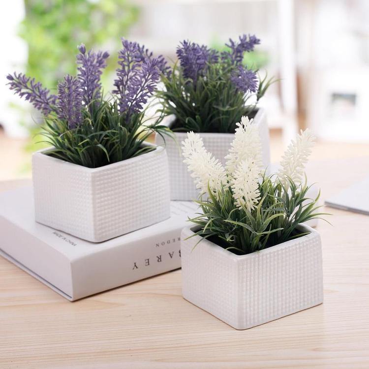 Faux Lavender Plants in White Ceramic Pots, Set of 3