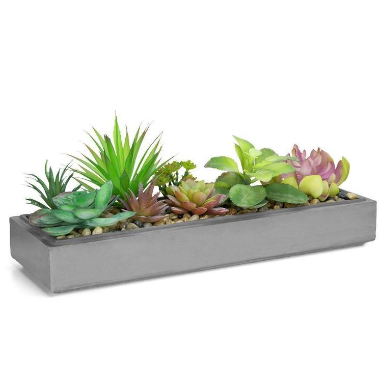 Artificial Faux Plant Arrangement in Rectangular Modern Gray Clay Plant Tray