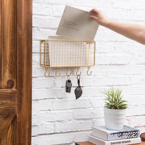 Gold Metal Wire Mail Sorter w/ 5 Removable Key Hooks