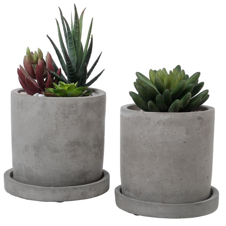 Modern 4-Inch Gray Unglazed Cement Planter Pots with Removable Saucers, Set of 2 - MyGift Enterprise LLC