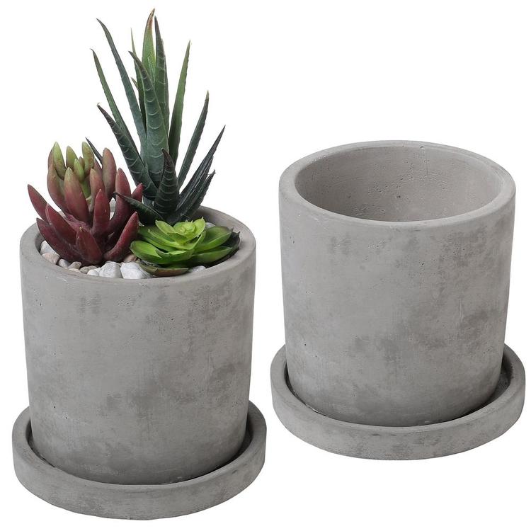 Round Gray Cement Planter Pots with Saucers, Set of 2