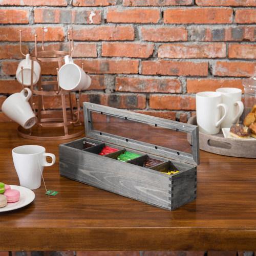 Gray Solid Wood 5-Compartment Tea Bag Box