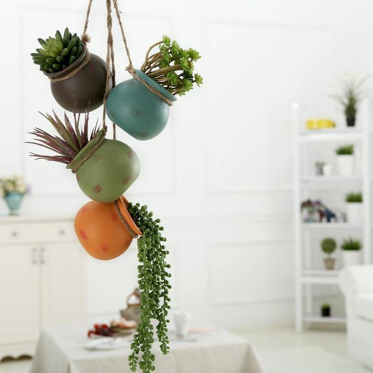 Hanging Multicolor Round Mini Ceramic 4 Planter Set (Blue, Green, Orange, and Brown)