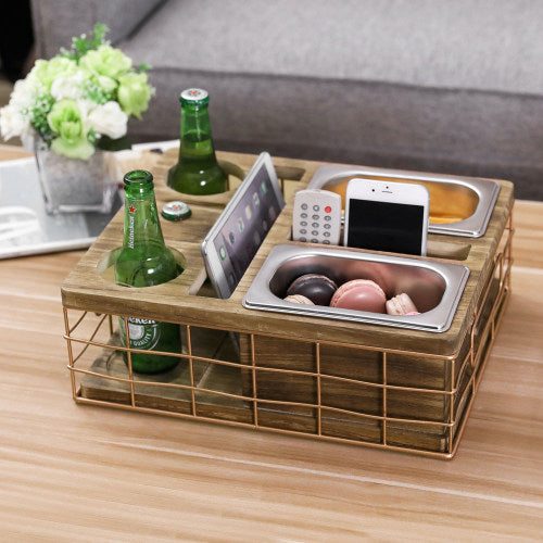 All-in-One Entertainment Snack Tray w/ Burnt Wood & Copper Wire & Accessory Holder