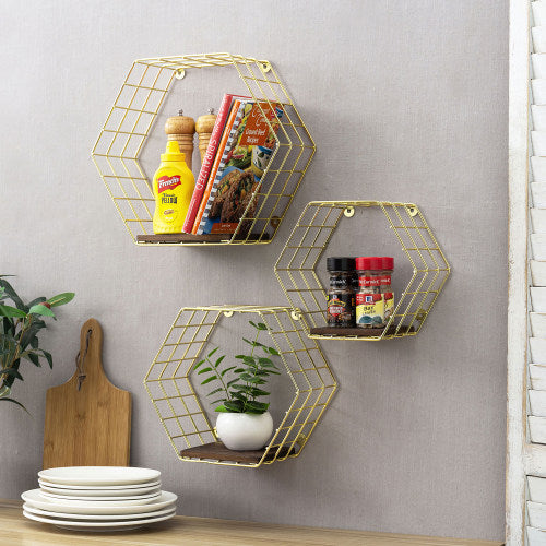 Brass Tone Metal Wire & Burnt Wood Hexagon Display Shelves, Set of 3
