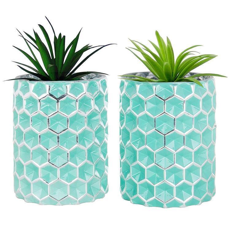 Honeycomb Aqua Turquoise Glass Vases, Set of 2
