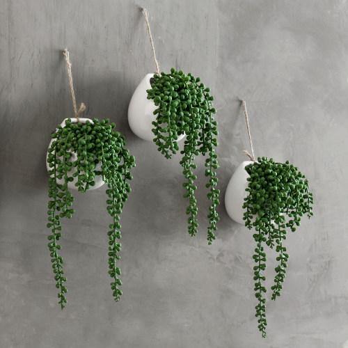 Artificial String of Pearls in Round White Ceramic Plant Pot, Set of 3