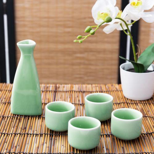 Japanese Style Jade-Color Ceramic Sake Set with Carafe and 4 Cups