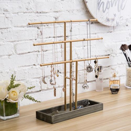 Gold Metal Jewelry Organizer Stand with Gray Wood Ring Tray
