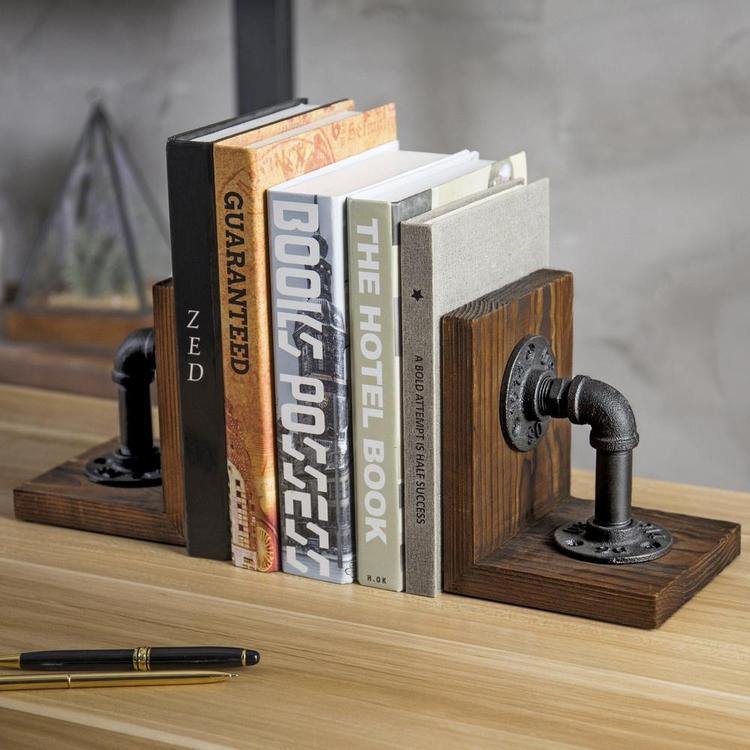 Industrial Pipe & Brown Wood Bookends