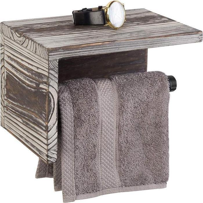 Industrial Towel Rack with Shelf, Torched Wood - MyGift