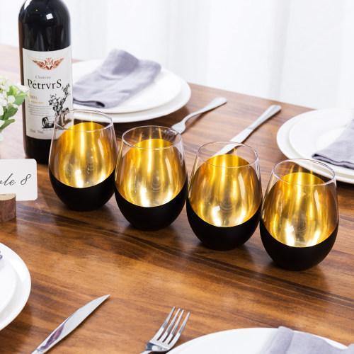 Matte Black & Gold Stemless Wine Glasses, Set of 4