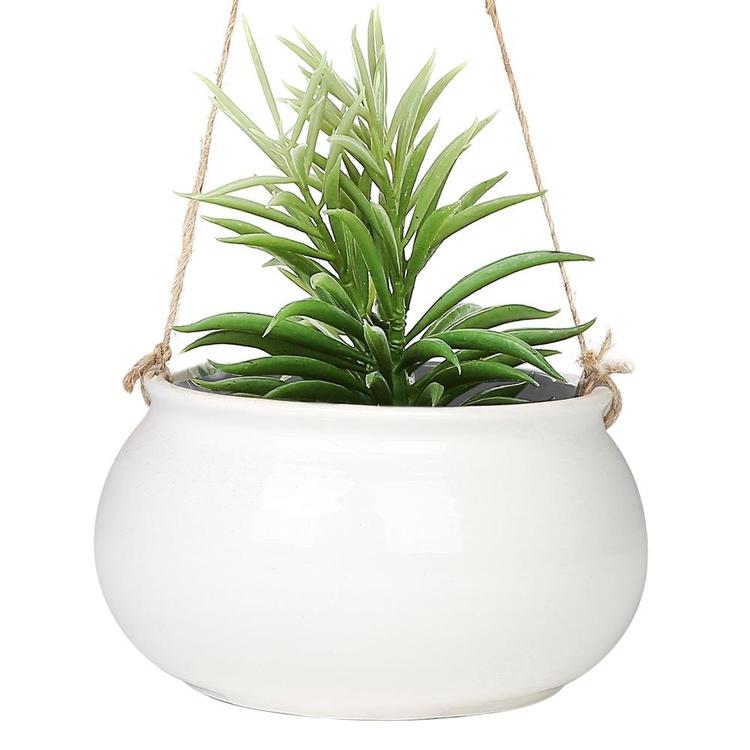 Mediterranean Style Round White Ceramic Hanging Planter Pot w/ Jute Twine String - MyGift Enterprise LLC