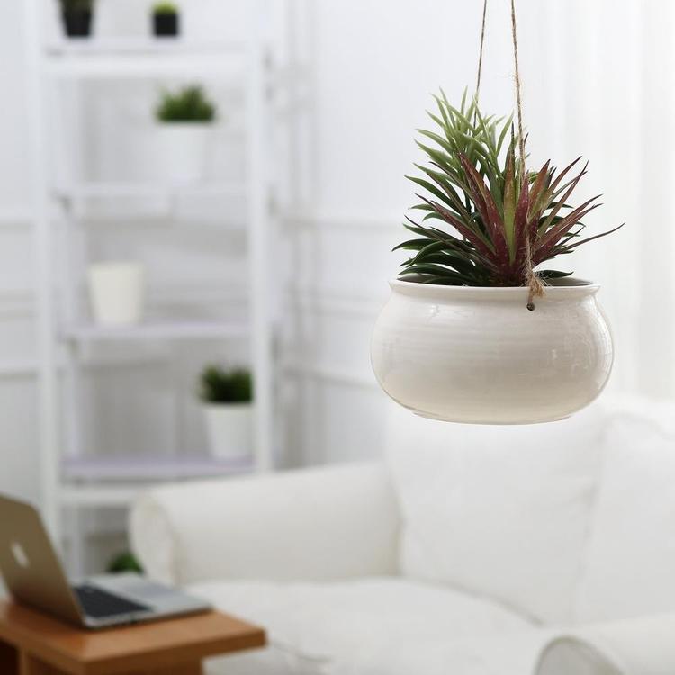 Mediterranean Style Round White Ceramic Hanging Planter Pot w/ Jute Twine String