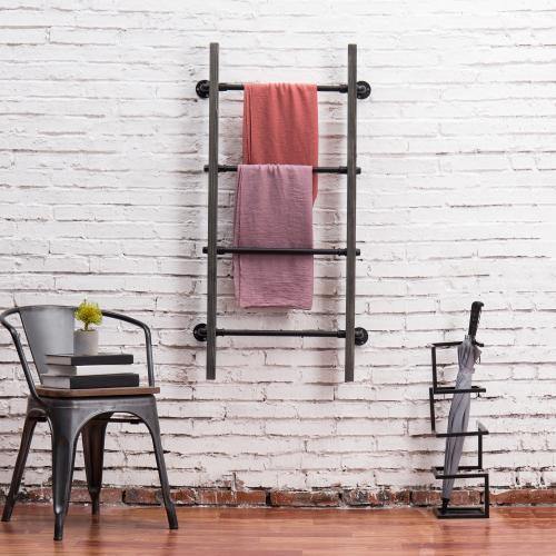 Gray Wood & Industrial Metal Pipe Wall Mounted Towel Ladder Rack