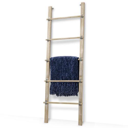 Distressed Brown Solid Wood Blanket Ladder w/ Rustic Metal Cuffs