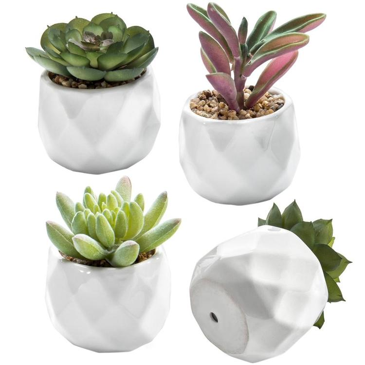 Mini Artificial Succulent Plants in Geometric Ceramic Planter Pots, Set of 4 - MyGift Enterprise LLC