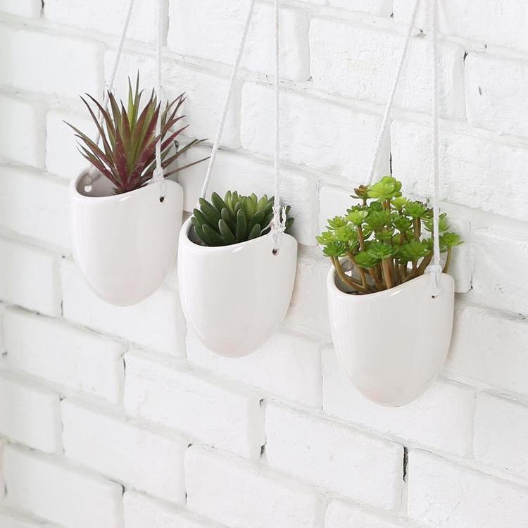 Modern Ceramic Hanging Succulent Planter Pots, Set of 3, White