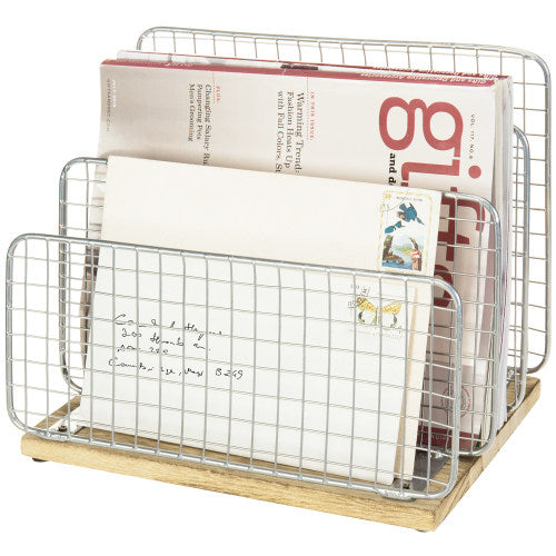 Rustic Brown Burnt Wood & Silver Metal Wire Document/Mail Organizer-MyGift