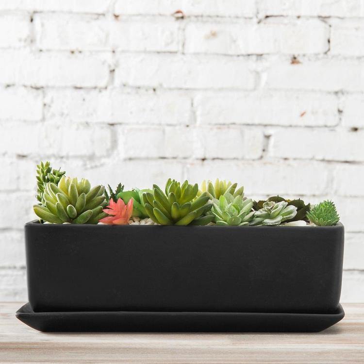 Rectangular Ceramic Succulent Planter with Saucer, Black 14 Inches