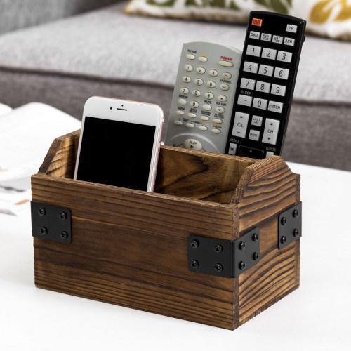 Rustic Dark Brown Burnt Solid Wood Remote Control Holder w/ Metal Accents