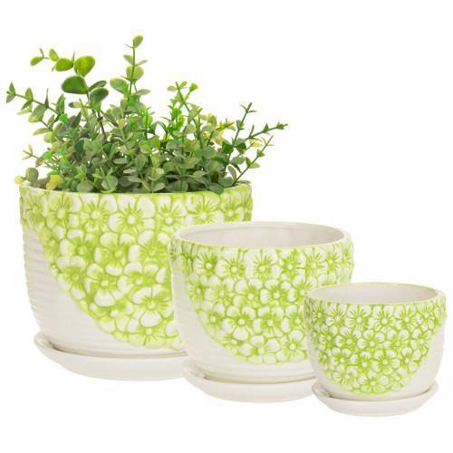 Set of 3 Green & White Flower Ceramic Planter w/Saucers - MyGift