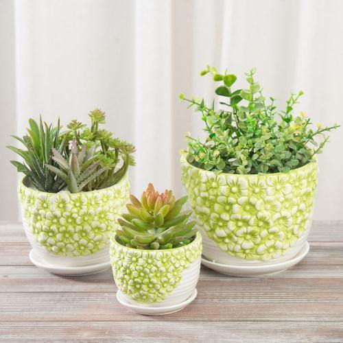 Set of 3 Green & White Flower Ceramic Planter w/Saucers