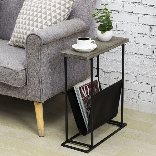 Modern Gray Wood & Black Metal End Table with Magazine Holder Sling