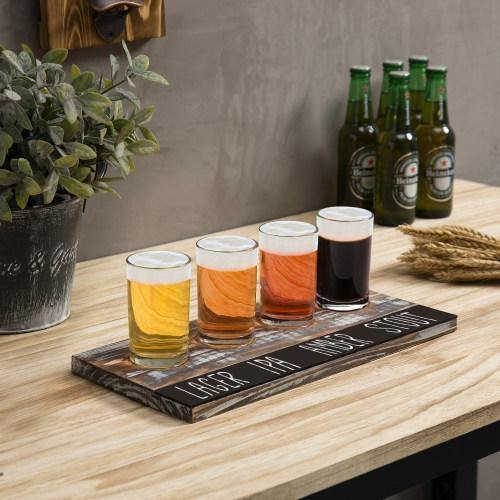 Torched Wood Beer Flight Tray with 4 Glasses & Chalkboard Panel