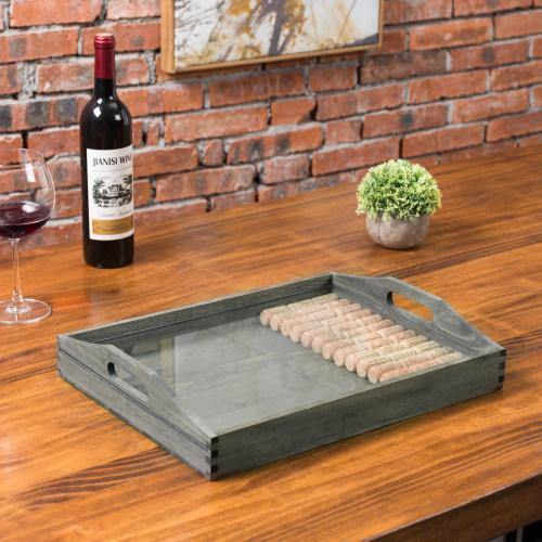 Vintage Gray Wood Serving Tray with Acrylic Display/Wine Cork Storage